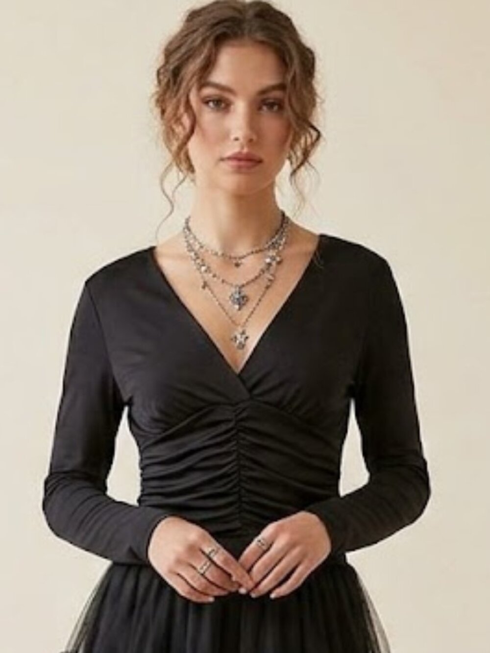 NWT Sincerely Jules Black Ruched V-Neck Long Sleeve Top Dark Fairy Vampy Goth M